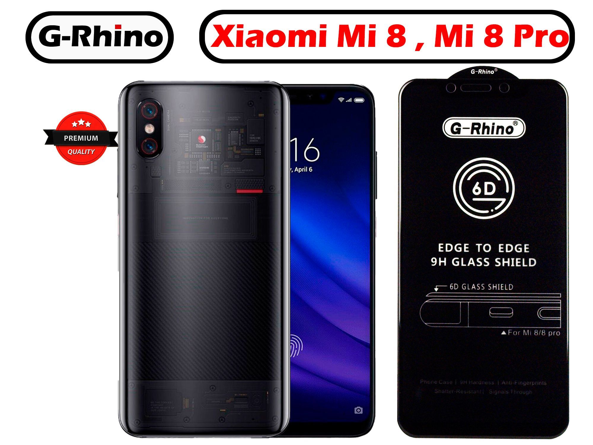 Защитное стекло G-Rhino для Xiaomi Mi 8 , Mi 8 Pro Закаленная защита 9H на  экран для смартфона Ксиаоми Ми 8 / Противоударная бронь на дисплей телефона  Сяо Ми Ми 8 Про -