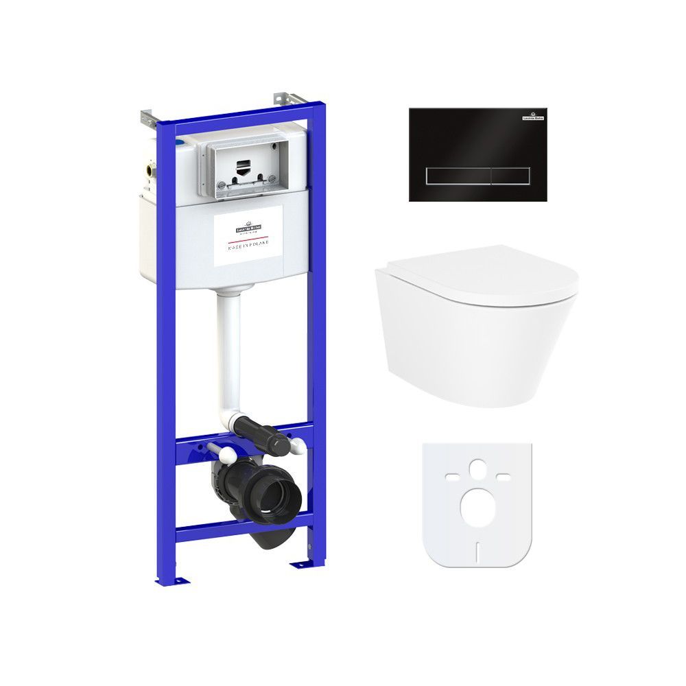 Инсталляция с подвесным унитазом комплект 6 в 1 Lavinia Boho Biore Rimless 77040100: подвесной безободковый унитаз, сиденье микролифт, инсталляция, крепление, кнопка, шумоизоляция. Германия