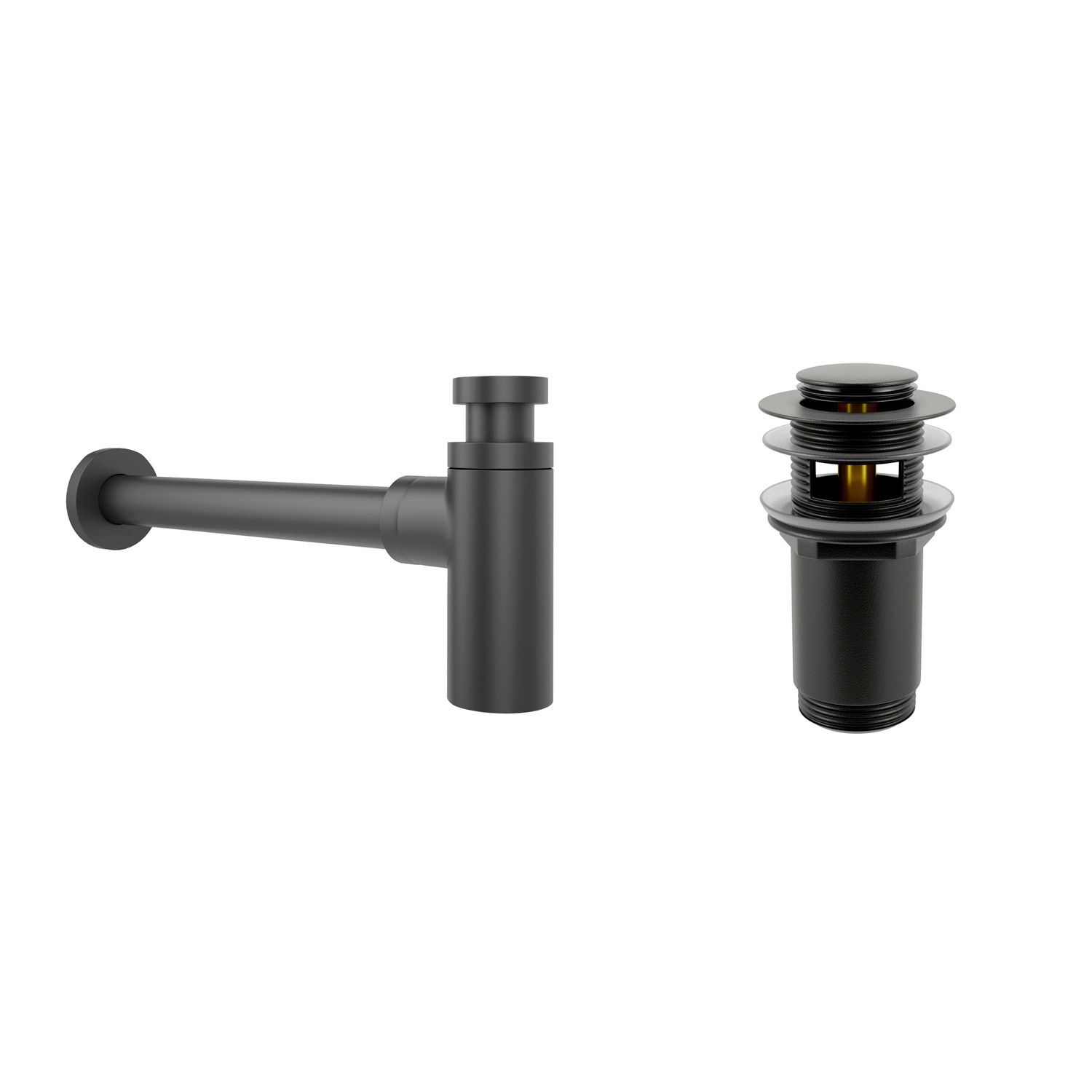 Сифон для раковины с донным клапаном Wellsee Drainage System 182105001 в наборе 2 в 1: металлический сифон для раковины, донный клапан с переливом click-clack (цвет набора матовый черный)