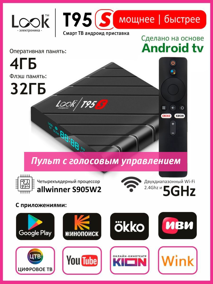 Медиаплеер T95S, 4 ГБ/32 ГБ, Bluetooth, Wi-Fi, черный