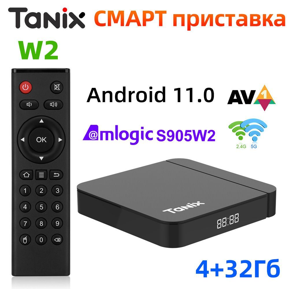 СмартТВприставкаTanixW2AmlogicS905W2Андроид11.04Гб/32ГбПоддержкаH.265AV1ДвойнойWifiHDR10