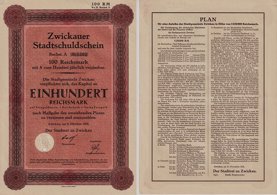 Германия, Город Цвиккау долговая расписка 8%, 1928 год, 100 рейхсмарок