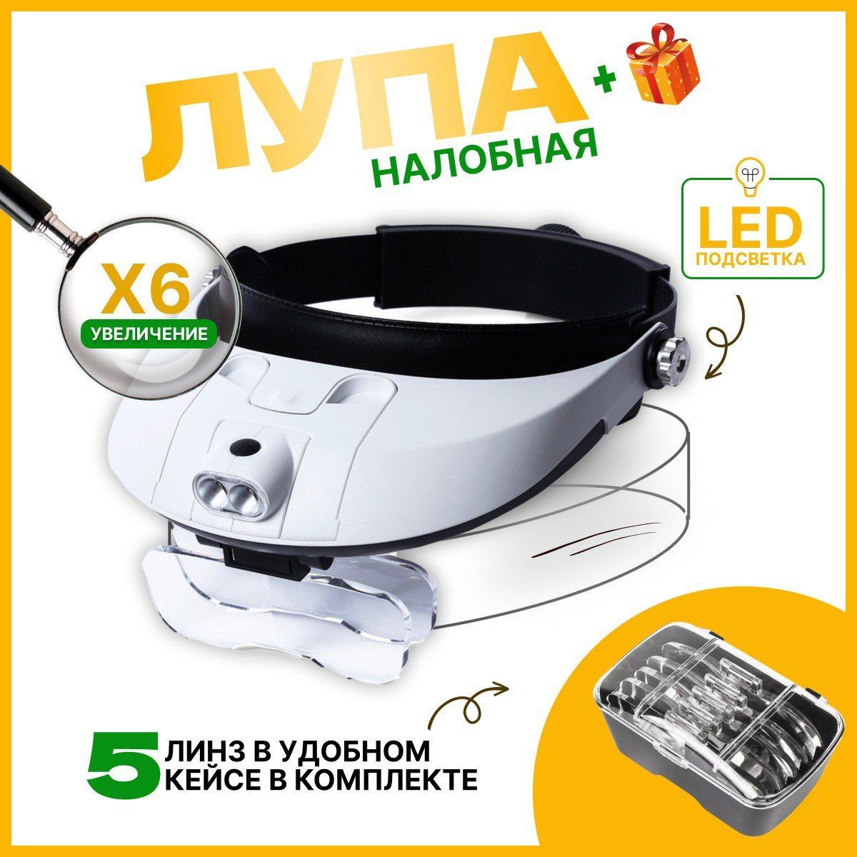 Лупа очки налобная с подсветкой бинокулярная монтажная, увеличительные очки 5 сменных линз с увеличением от 1х до 6х купить на OZON по низкой цене (167414855)
