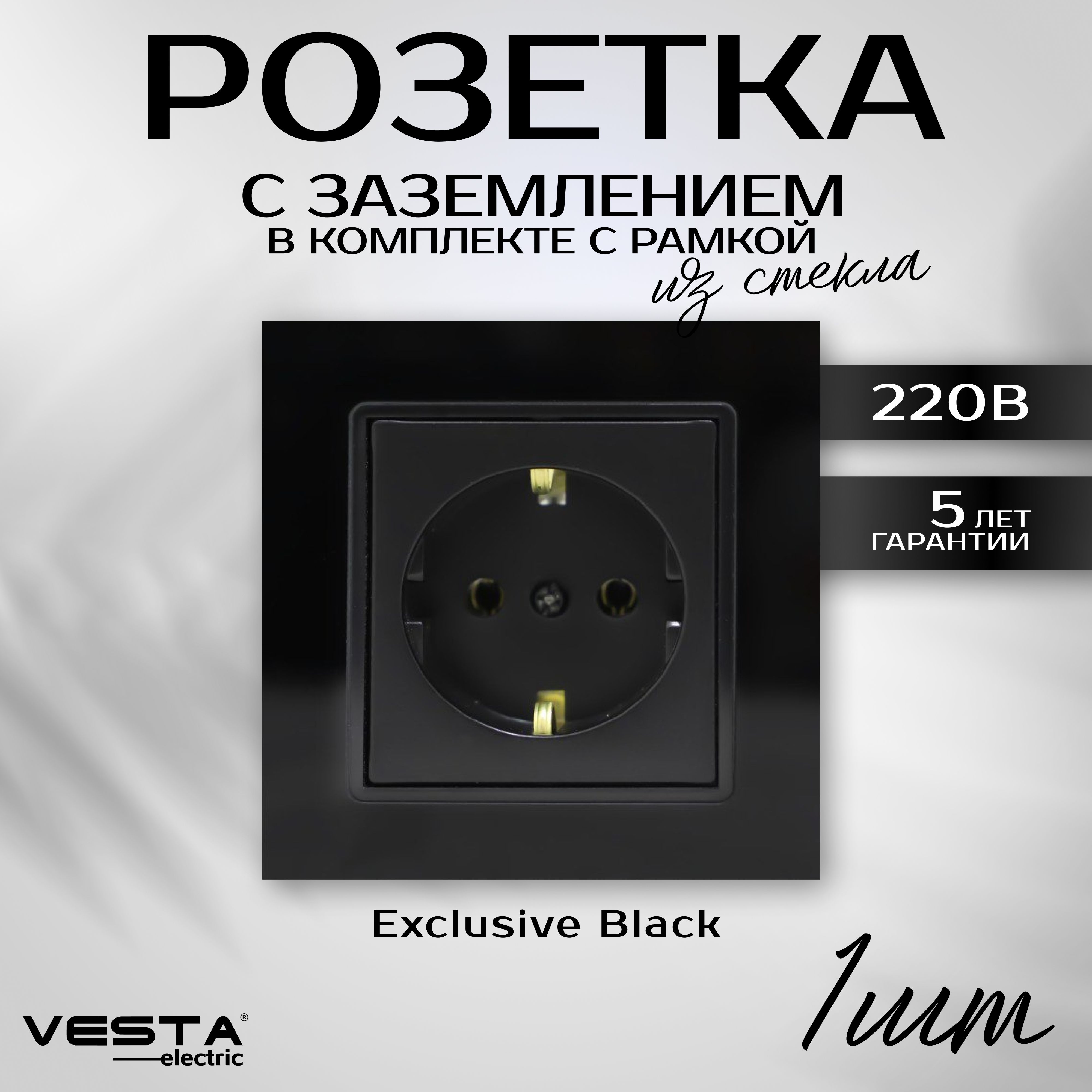 Розетка одинарная с заземлением с рамкой из закаленного стекла черная Vesta-Electric Exclusive Black