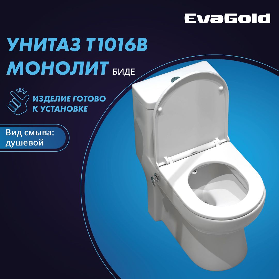 Унитаз напольный моноблок EvaGold T1016B со встроенным биде белый с гофрой и подводкой