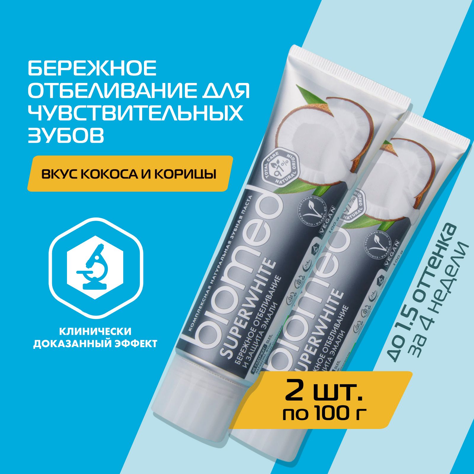 Отбеливающая зубная паста для чувствительных зубов BIOMED SUPERWHITE с кокосом, без фтора и парабенов, 100 г, 2 шт