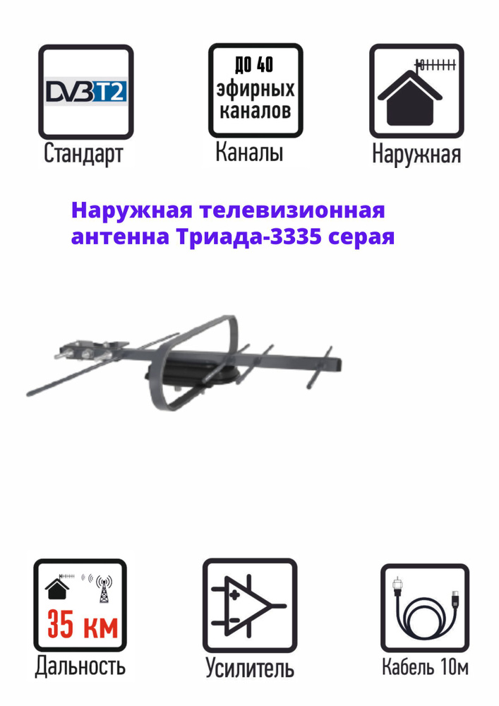 Телевизионная антенна Триада-3335 для цифрового ТВ, DVB-T2, активная, цвет серый  #1