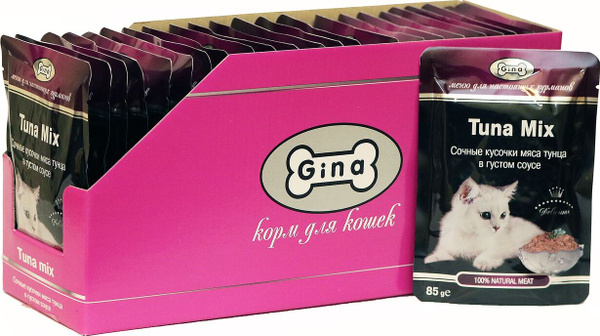 Корм влажный Gina для кошек, кусочки тунца в густом соусе, 24 шт по 85 ...