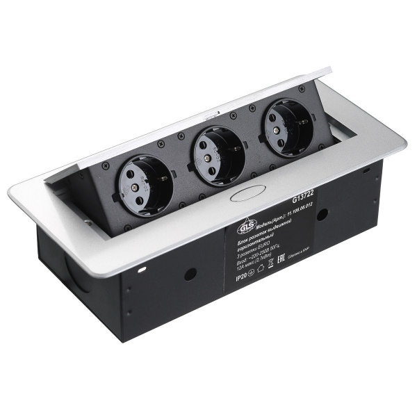 Блок розеток выдвижной, прямоугольный 3 розетки (Schuko), max 2700W ...