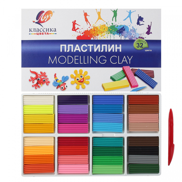Пластилин 32 цвета, 640 гр, стек, картонная коробка Классика Луч ...