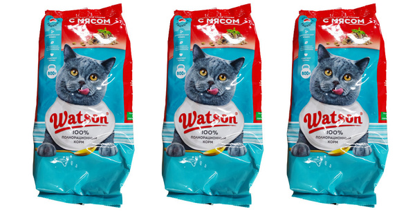 Watson/ Сухой корм для взрослых кошек с мясом / 3 уп. по 800гр ...