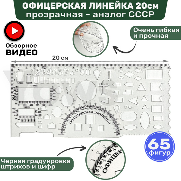 Офицерская пластиковая линейка 20 см, прозрачная и гибкая, транспортир ...