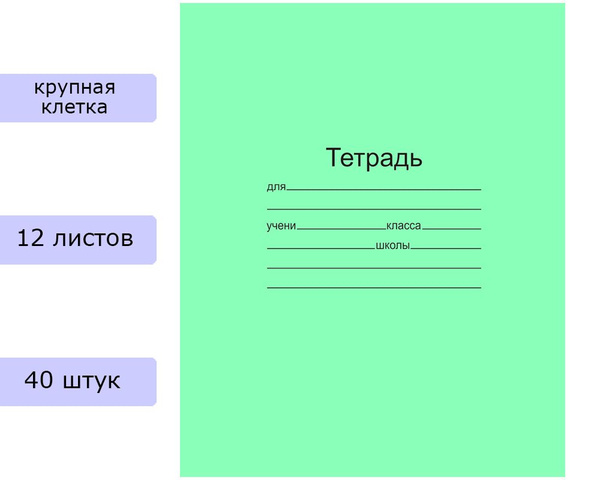 Тетрадь ЗЕЛЁНАЯ обложка 12л. "Маяк", офсет, крупная клетка с полями, 40 ...