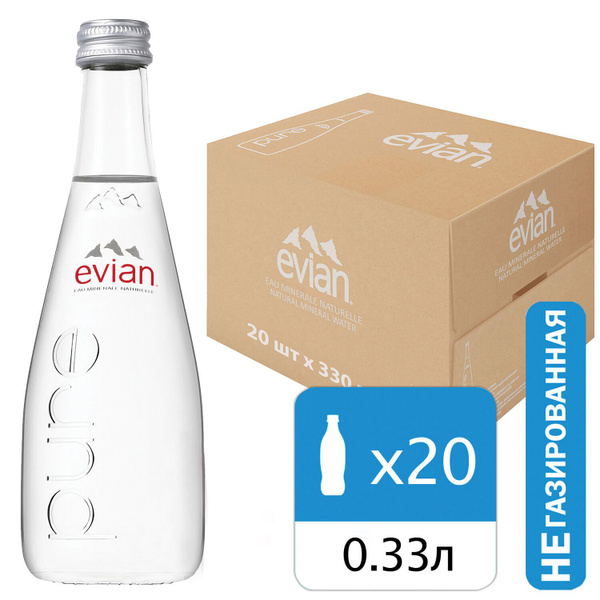 Вода Evian 0,33 л. 20 шт. стекло, минеральная, негазированная, Франция ...