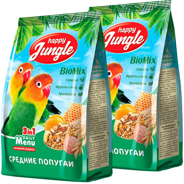 Корм для птиц HAPPY JUNGLE для средних попугаев (500 гр х 2 шт) купить ...