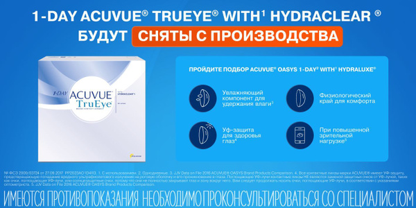 Однодневные контактные линзы Acuvue 1-Day TruEye, 90 шт. R: 9.0, D: -7. ...