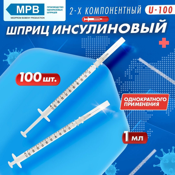 Инсулиновый шприц медицинский 1 мл 100 шт,U-100, одноразовый ...