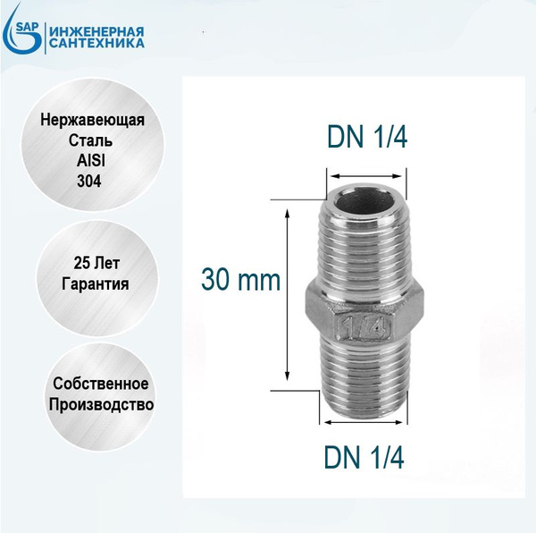 Ниппель DN 1/4, из нержавеющей стали AISI 304 купить на OZON по низкой ...