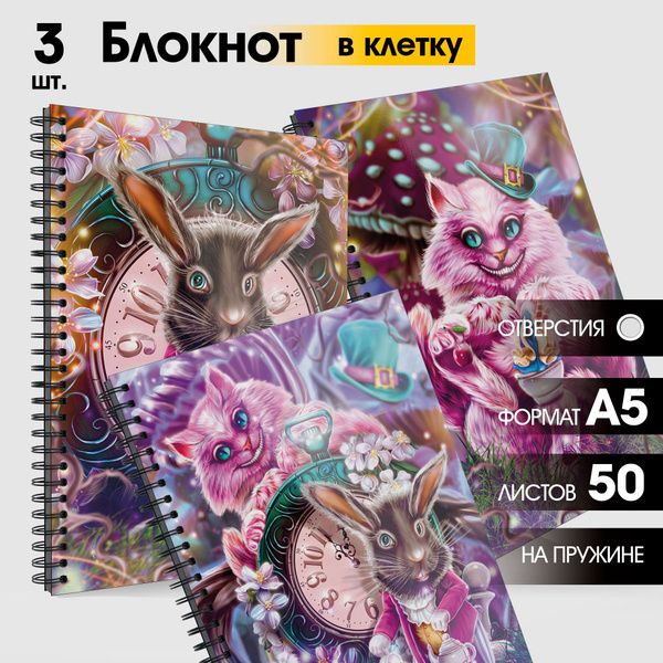 Набор блокнотов А5 на кольцах / Тетради в клетку "Кот и кролик (Алиса в ...