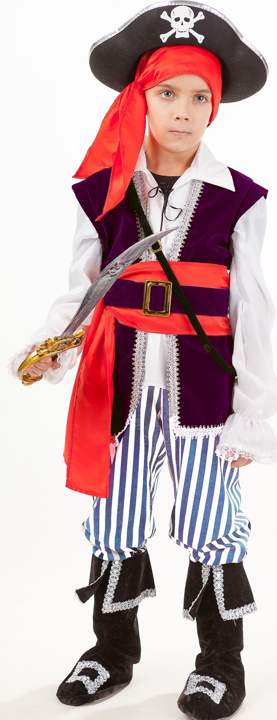 фото Карнавальный костюм Пират Спайк рубашка с жилетом и поясом, брюки с сапогами, бандана, шляпа, сабля размер 146-76 Пуговка