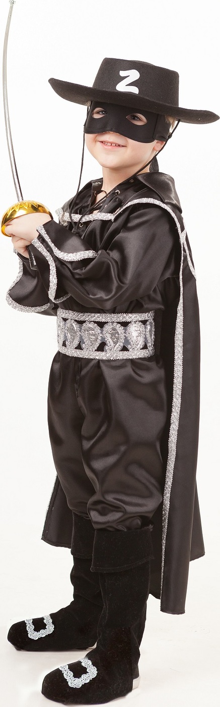 фото Карнавальный костюм Зорро рубашка с плащом, брюки с сапогами и поясом, шляпа, шпага, маска размер 134-68 Пуговка