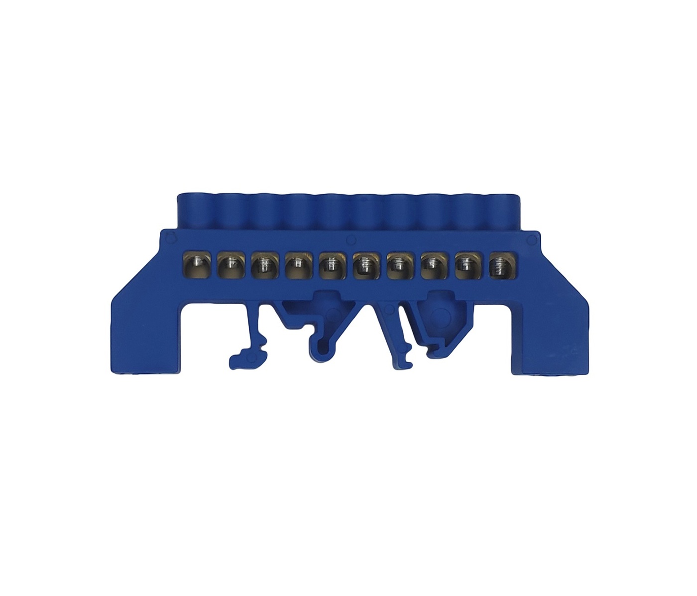 Шина нулевая/заземления 6х9, 10 контактов в универсальном изоляторе на дин-рейку (DIN), синяя.