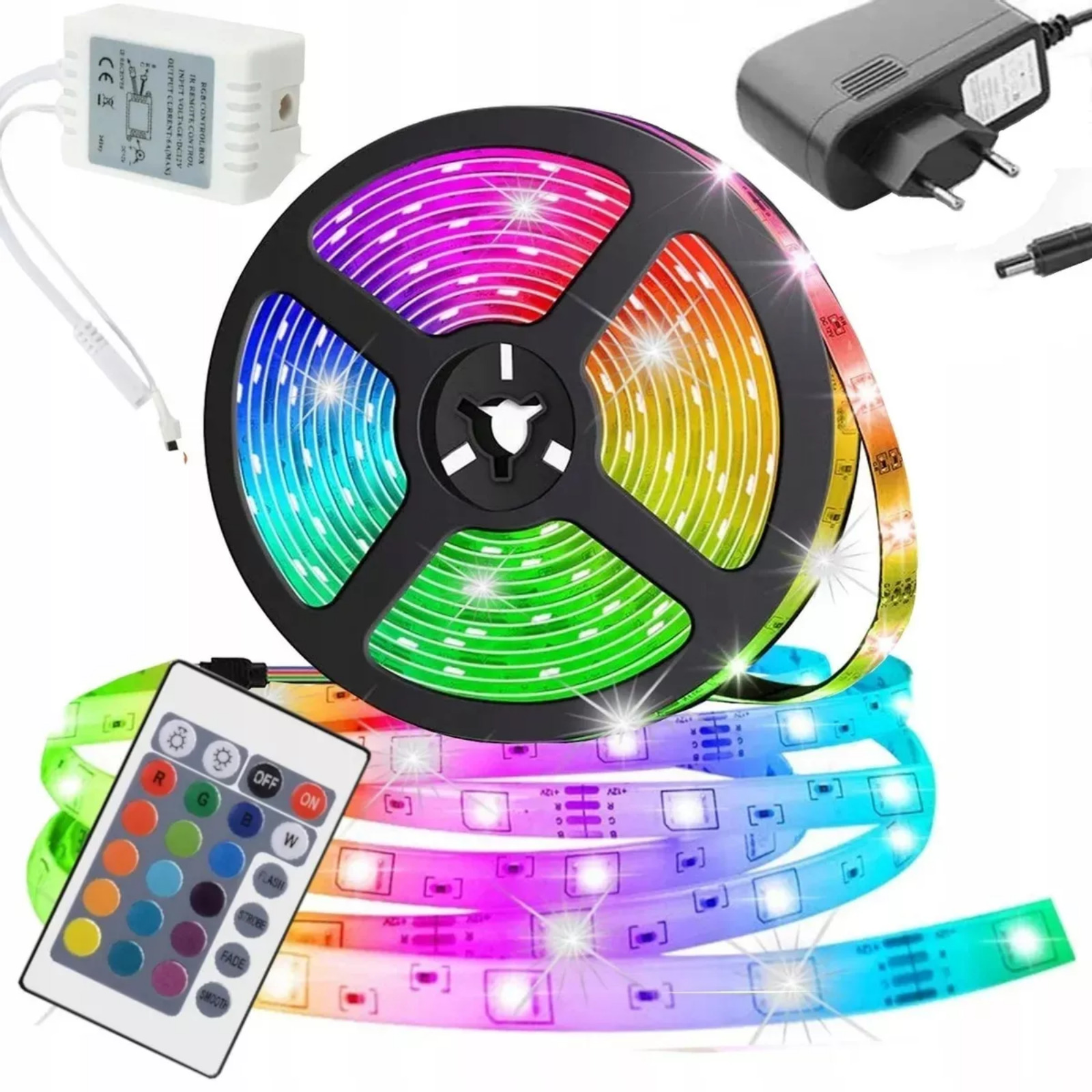 Лента светодиодная RGB, 5м, (адаптер, трансформ., пульт)