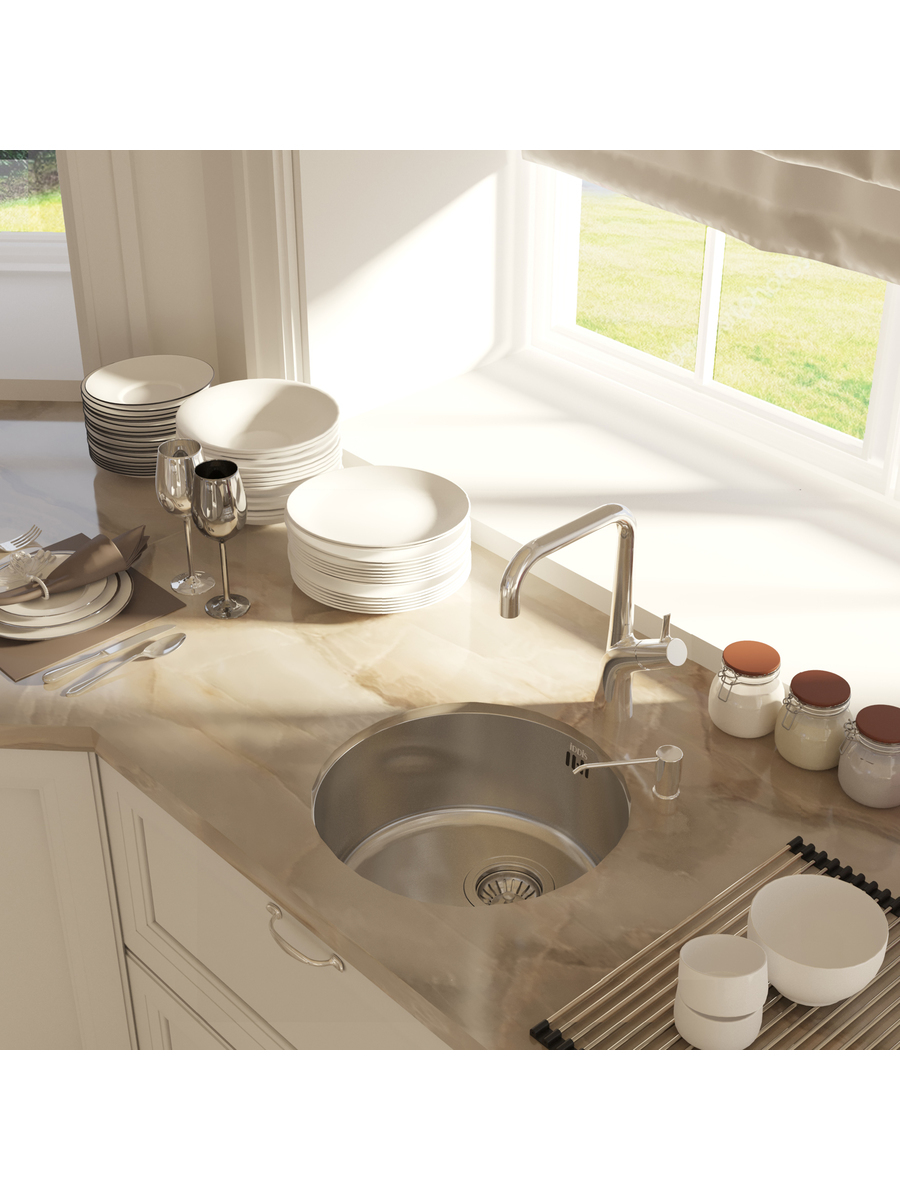 Фото товара на маркетплейсе ozon Мойка для кухни IDDIS, круглая, врезная или подстольная (универсальный монтаж), 43х43х18 см, нержавеющая сталь, глянцевая, Edifice, EDI42P0i77