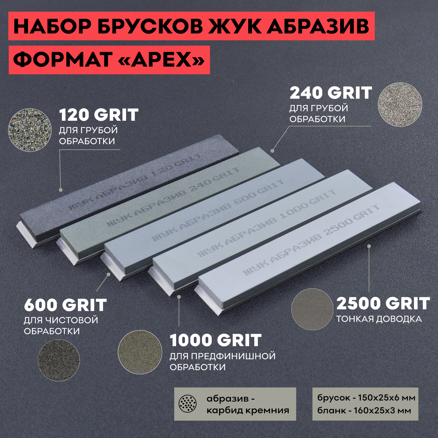 Комплект брусков из карбида кремния ЖУК АБРАЗИВ / 120, 240, 600, 1000, 2500 грит / 150 х 25 мм Apex / для заточки ножей