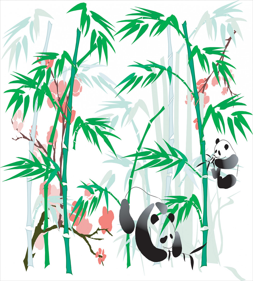 Панда висит на бамбуке рисунок