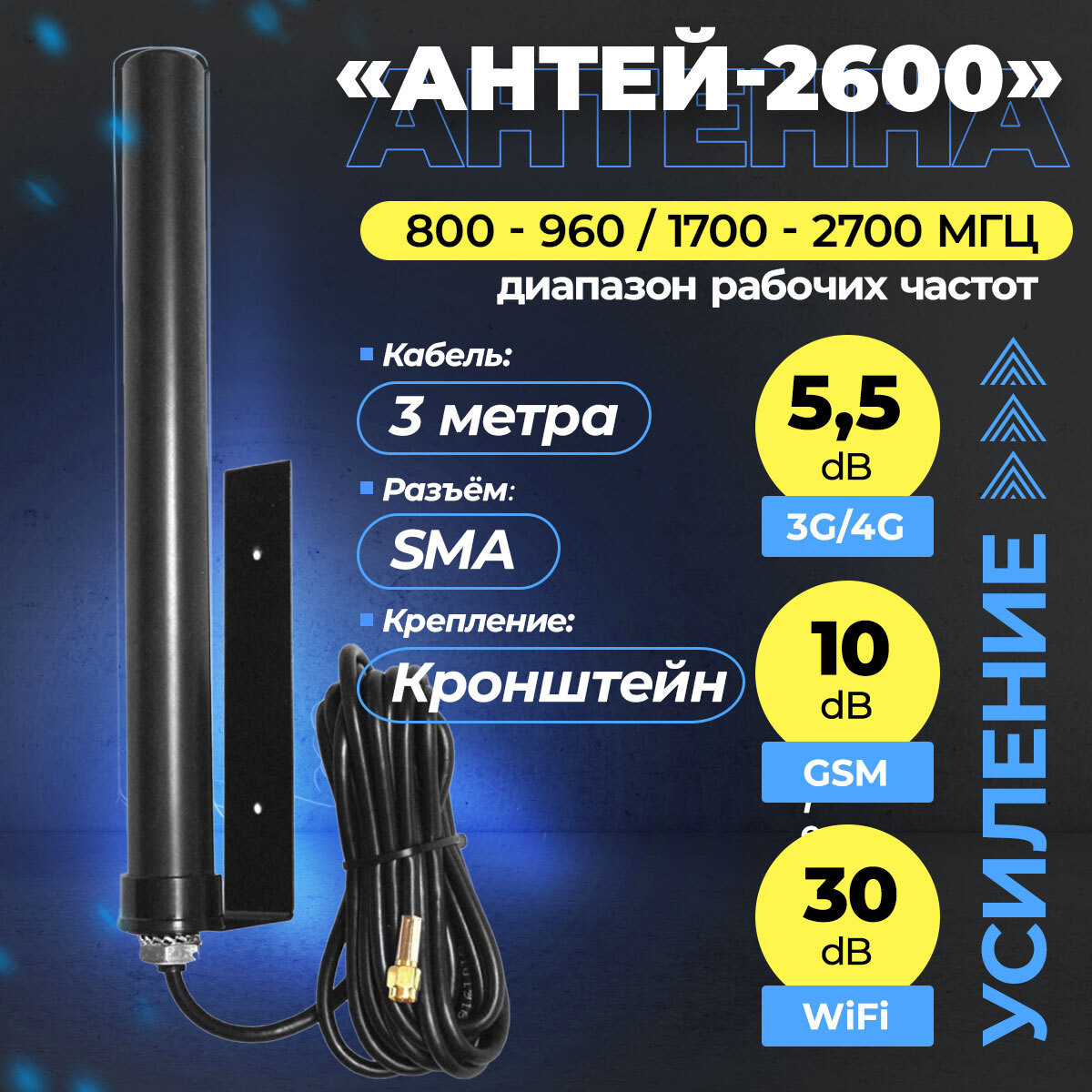 Антенна Антей 2600 WiFi/GSM/3G/4G SMA 3м на кронштейн - купить с доставкой  по выгодным ценам в интернет-магазине OZON (356847050)