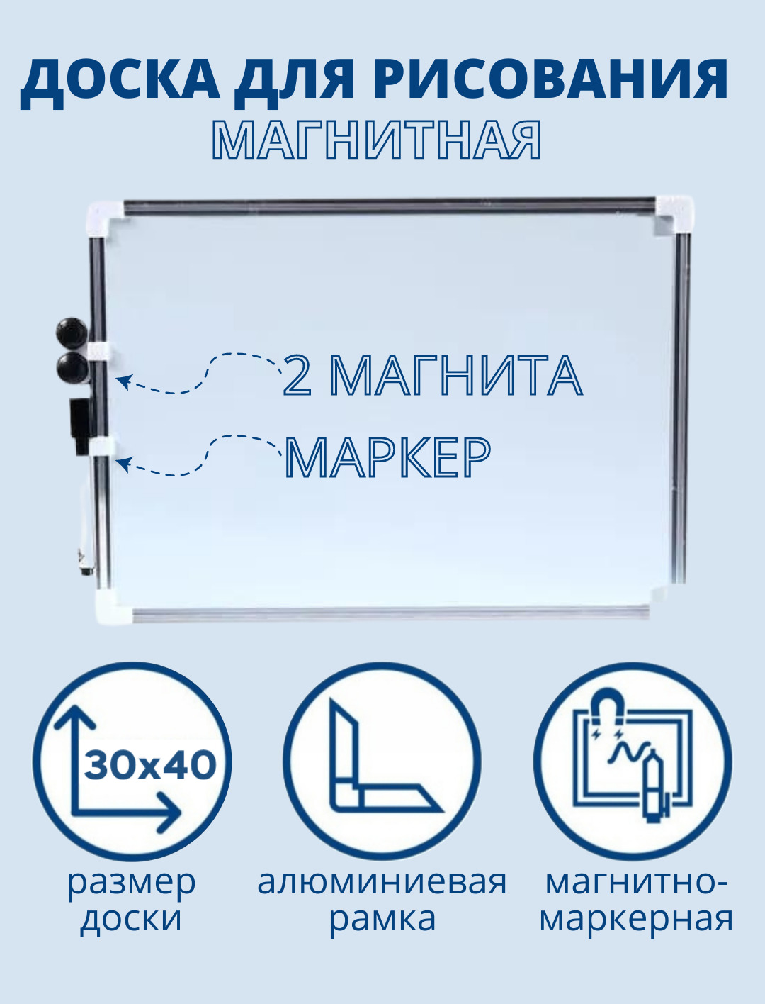 Доска демонстрационная магнитно маркерная на стену для офиса и дома 90х120 см