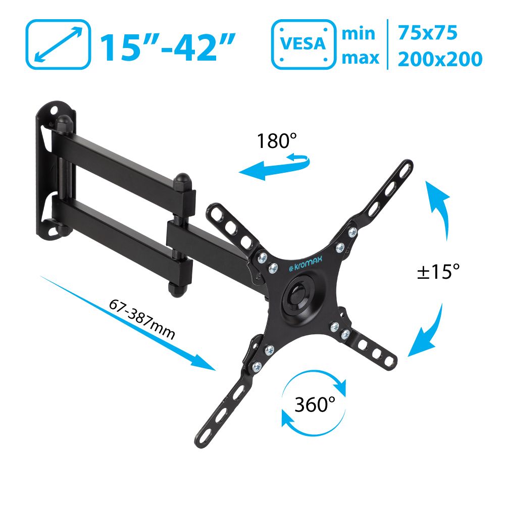 Кронштейн для телевизора настенный Kromax DIX-13 / до 42 дюймов / наклонно-поворотное крепление для тв