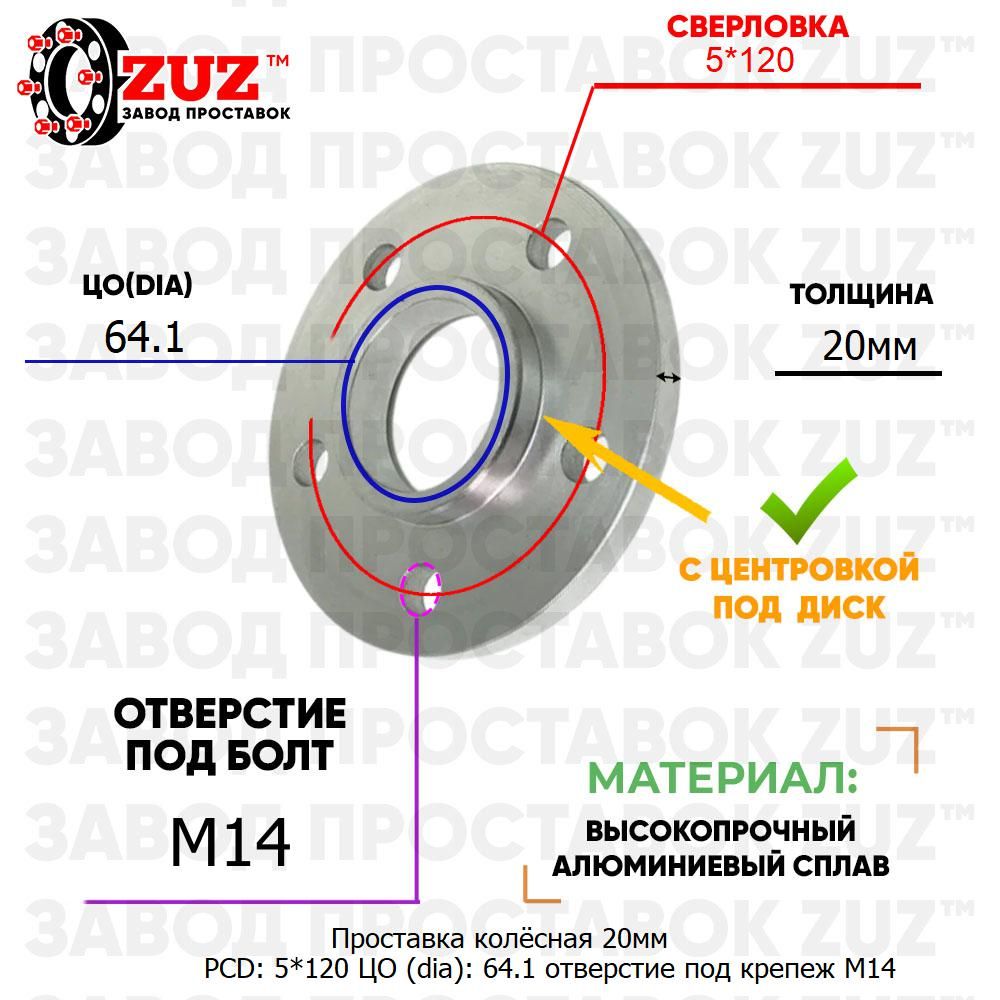 Проставка колёсная 1 шт 20мм PCD: 5*120 ЦО (DIA): 64,1 с бортиком отверстие под крепёж M14 на ступицу: Honda, Tesla 5x120 5х120