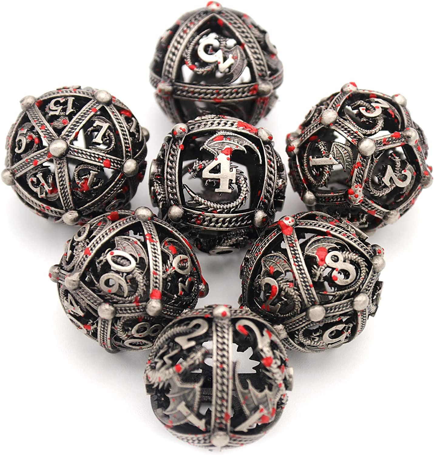 Набор кубиков DND, набор многогранных кубиков D&D Metal Ball Hollow Game D  and D Dice для ролевых игр Dungeons and Dragons RPG MTG Pathfinder  Warhammer Shadowrun (Round Silver Blood Splash) - купить