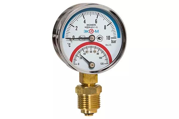 Термоманометр Экомера МД04-80мм 0-1МПа 0-160С 1/4" с переходником на 1/2"