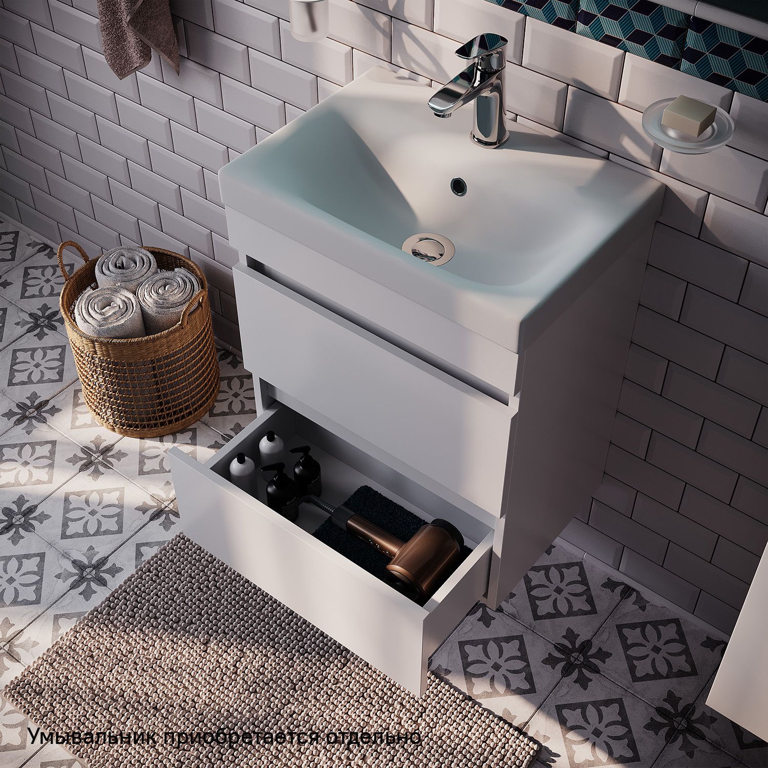 Фото товара на маркетплейсе ozon Тумба для ванной, подвесная, с ящиками, белая, 50 см, IDDIS, Zodiac, ZOD5CB0i95 (подходит раковина 3505000i28)