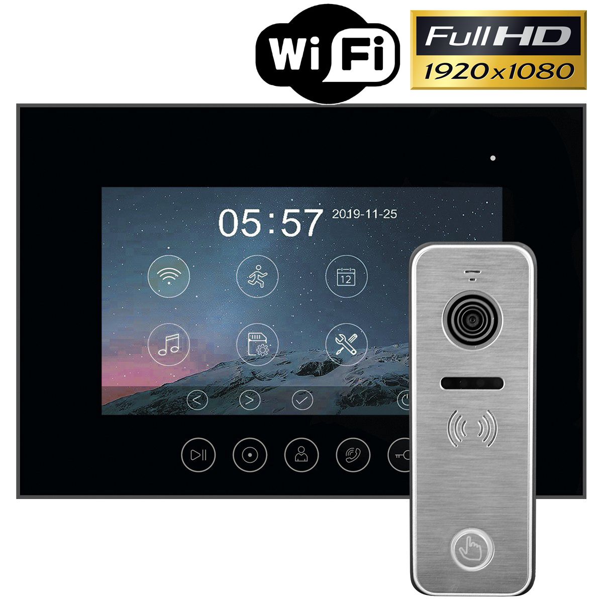 Комплект Full HD WiFi видеодомофона из 7" монитора Tantos Marilyn HD Wi-Fi s (черный) и вызывной панели для квартиры или дома