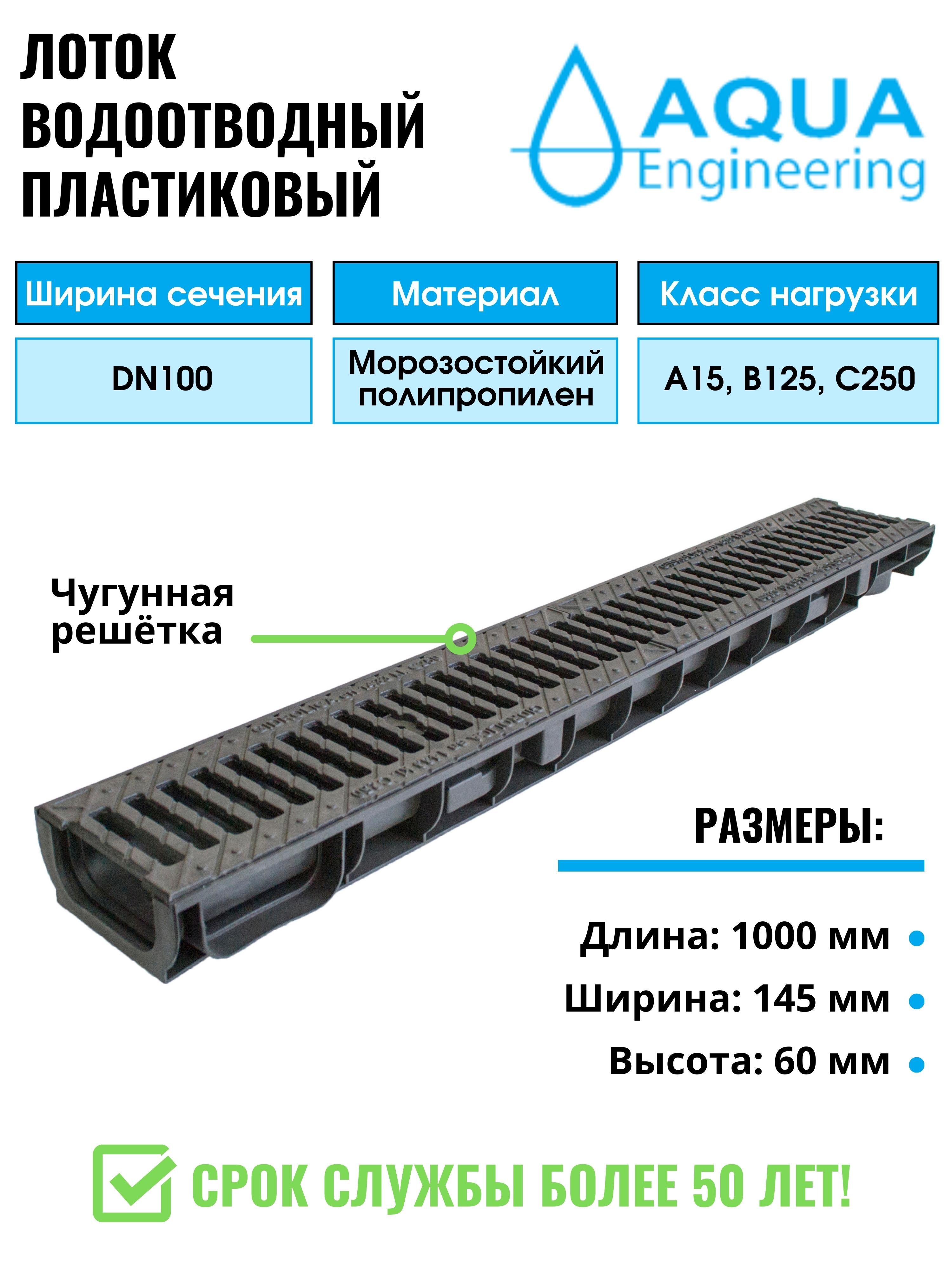 Лоток водоотводный пластиковый, дренажный, с чугунной решёткой, 1000x145x60 мм.