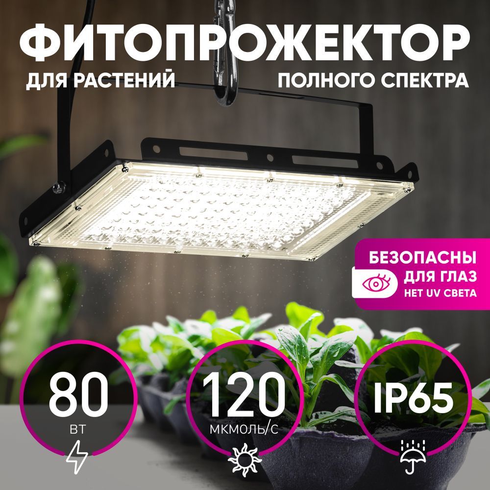 Фитолампа для растений полного спектра ЭРА FITO-80W-Ra90-LED-Y / мощная фито лампа прожектор светодиодный для цветения и плодоношения домашнее солнце светильник 80Вт