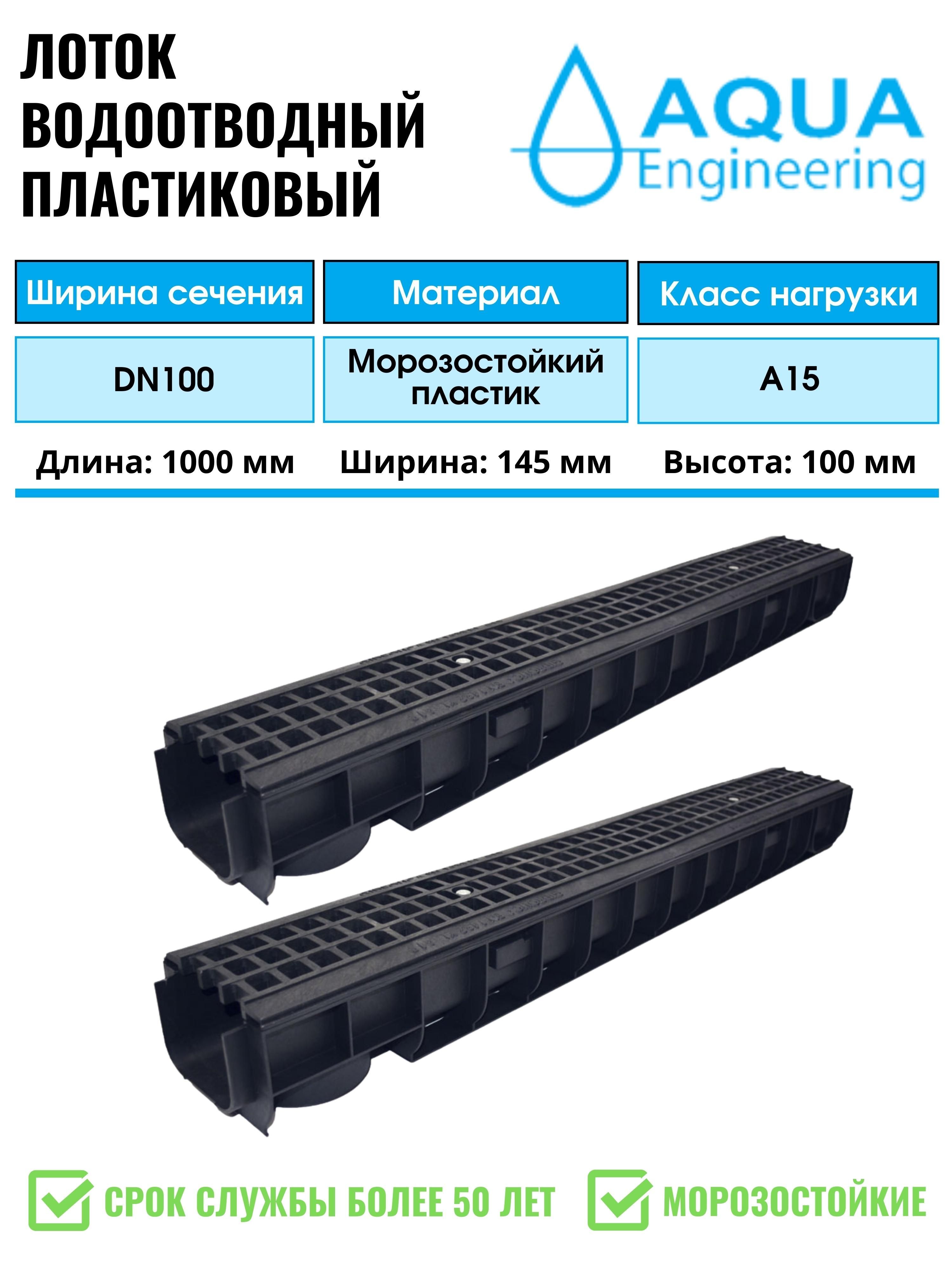 Лоток водоотводный пластиковый дренажный, с решеткой пластиковой ячеистой, 1000х145х100 (2 шт)