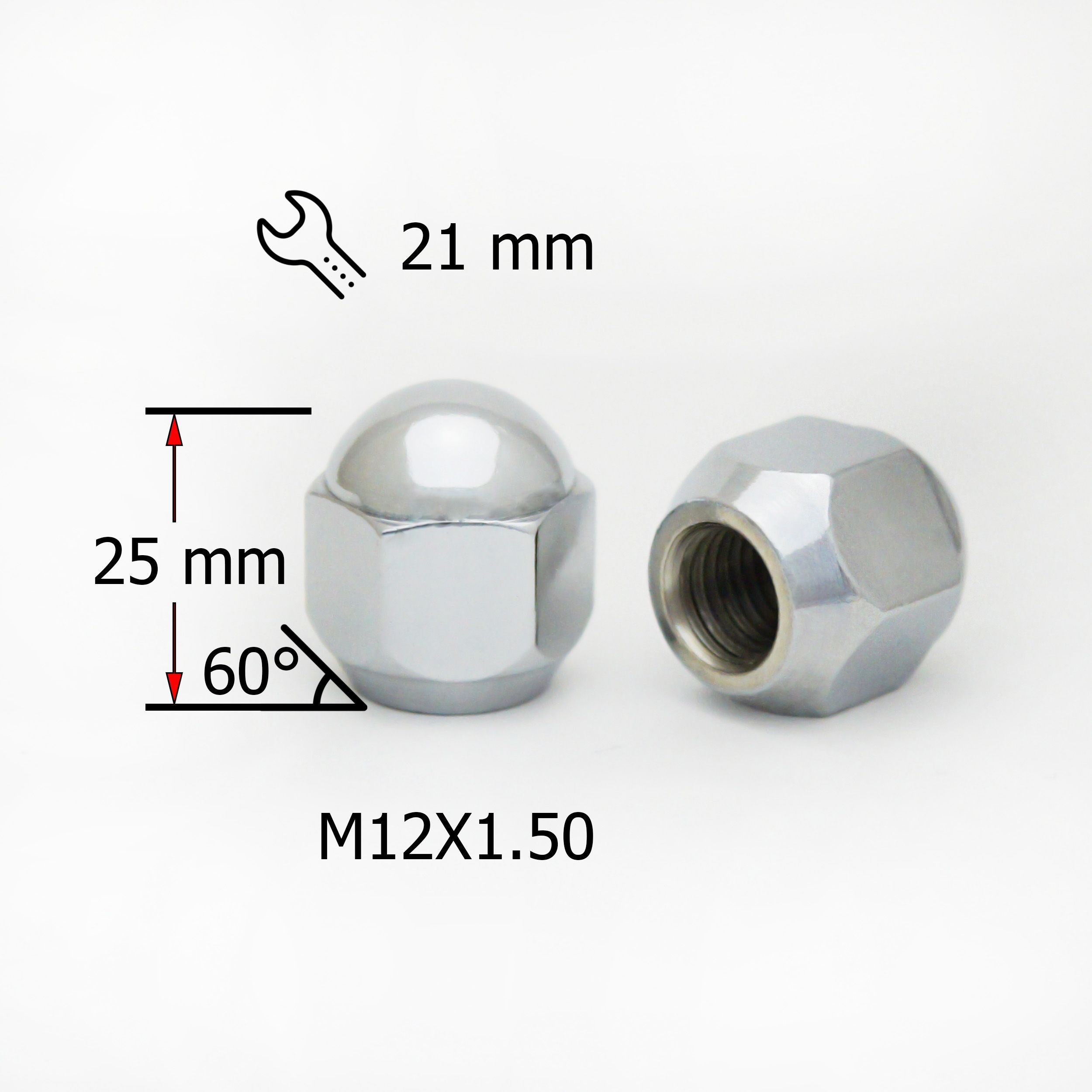 Гайка колесная M12х1,5 высота 25мм, Конус - 20 штук, закрытая(цельная), ключ 21мм, Хром