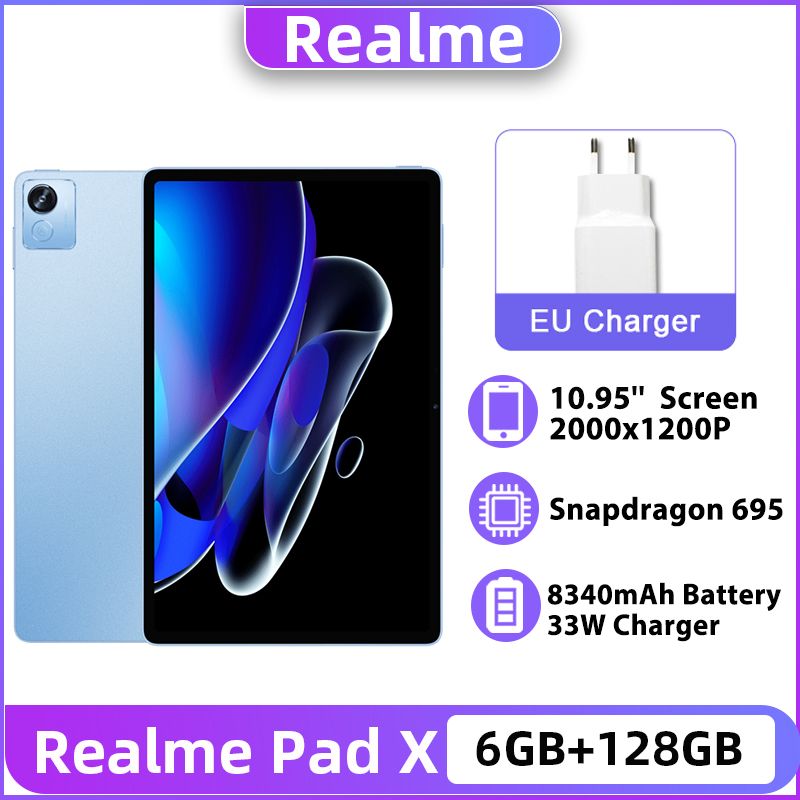 realmeПланшетГлобальнаяверсияRealmePadXAndroidтаблетка,10.95"6ГБ/128ГБ,синий8340mAhаккумулятор,Snapdragon695