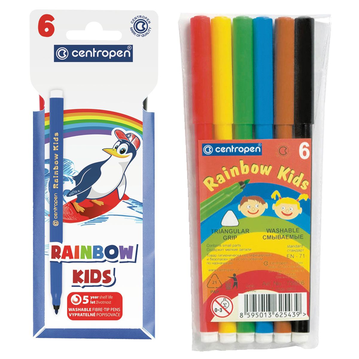 Фломастеры для рисования набор Centropen "Rainbow Kids", 6 цветов, трехгранные, смываемые, ПВХ