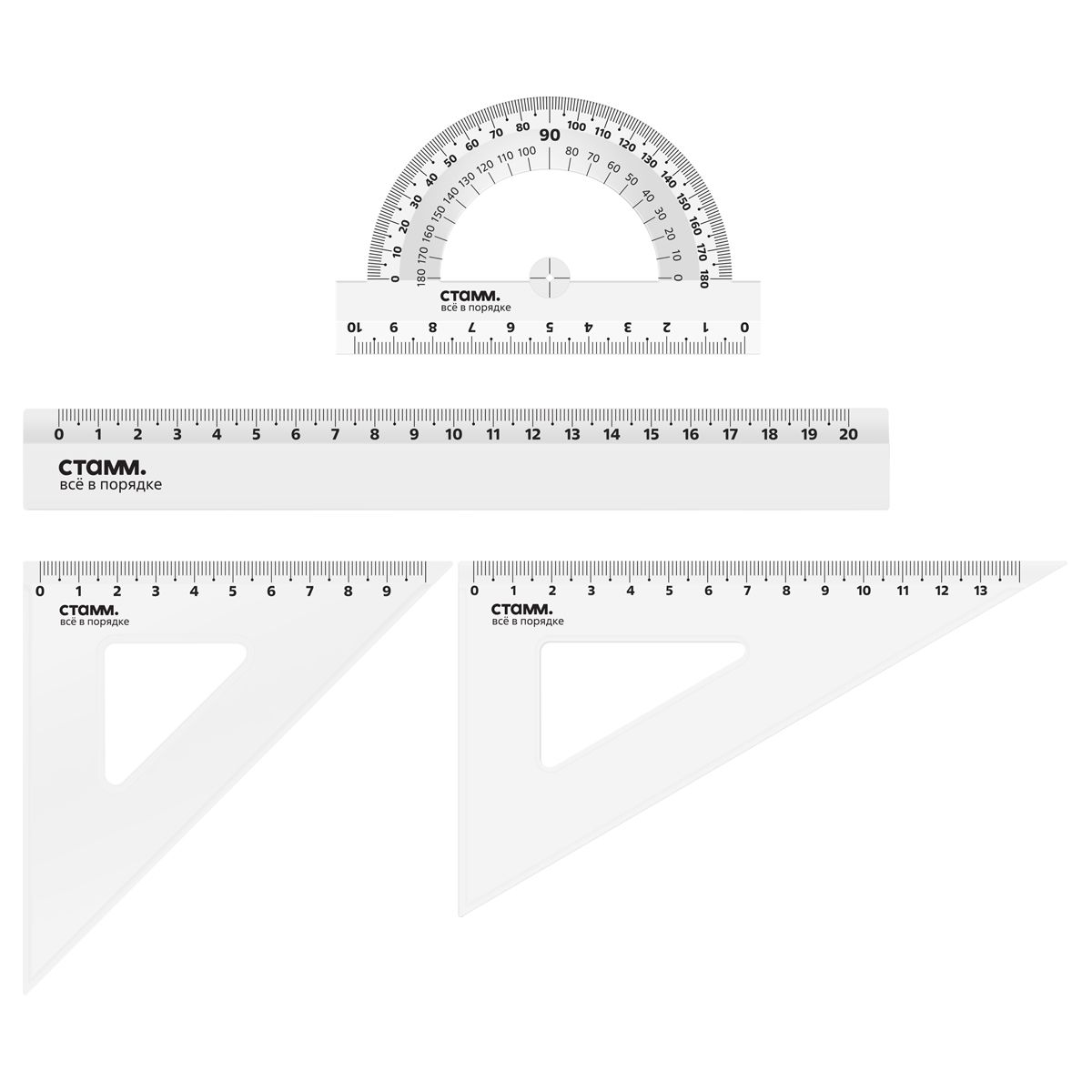 12 шт., Набор чертежный СТАММ, размер M (линейка 20см, 2 треугольника, транспортир), прозрачный, бесцветный, европодвес