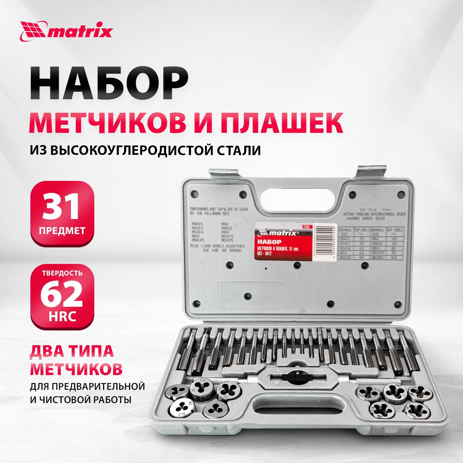 НаборметчиковиплашекMATRIX,М3-М12,31предмет,высокоуглеродистаялегированнаясталь9ХС,КЕЙС,77337