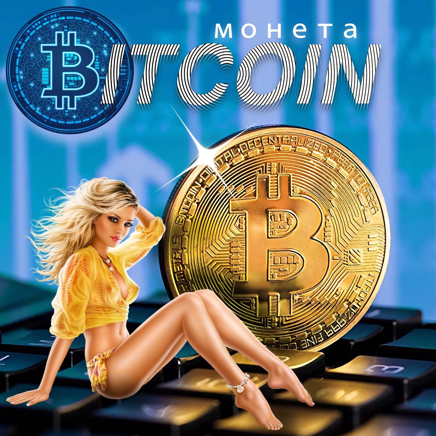 Сувенирная монета Биткоин (Bitcoin) в прозрачном футляре. BTC физический Биткоин