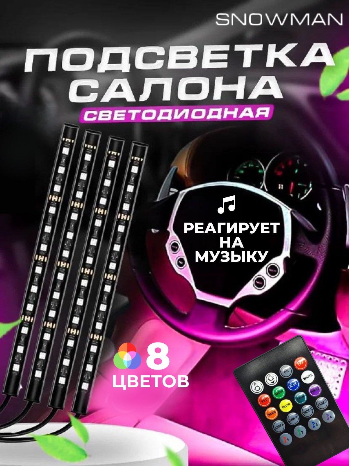 Подсветка салона авто / Автомобильная лента светодиодная 4 модуля RGB (многоцветная)