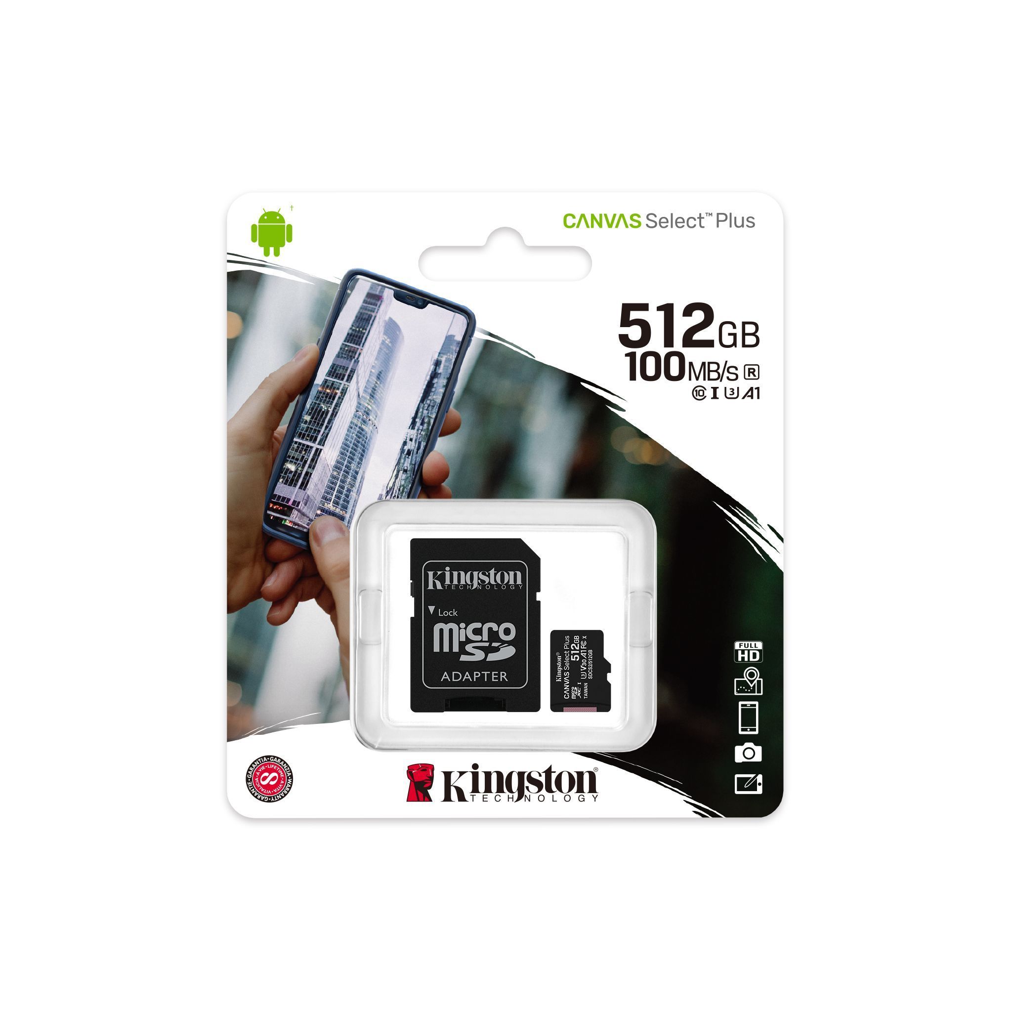 KingstonКартапамятиCanvasSelectPlus512ГБ(SDCS2/512GB,microSDXC+SDадаптер,UHS-I,U3,V30,class10,A1)