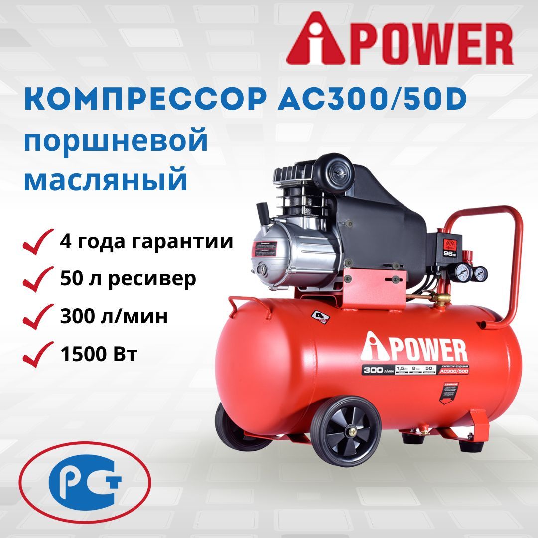 Компрессор поршневой масляный A-iPower AC300/50D строительный  профессиональный (50104)